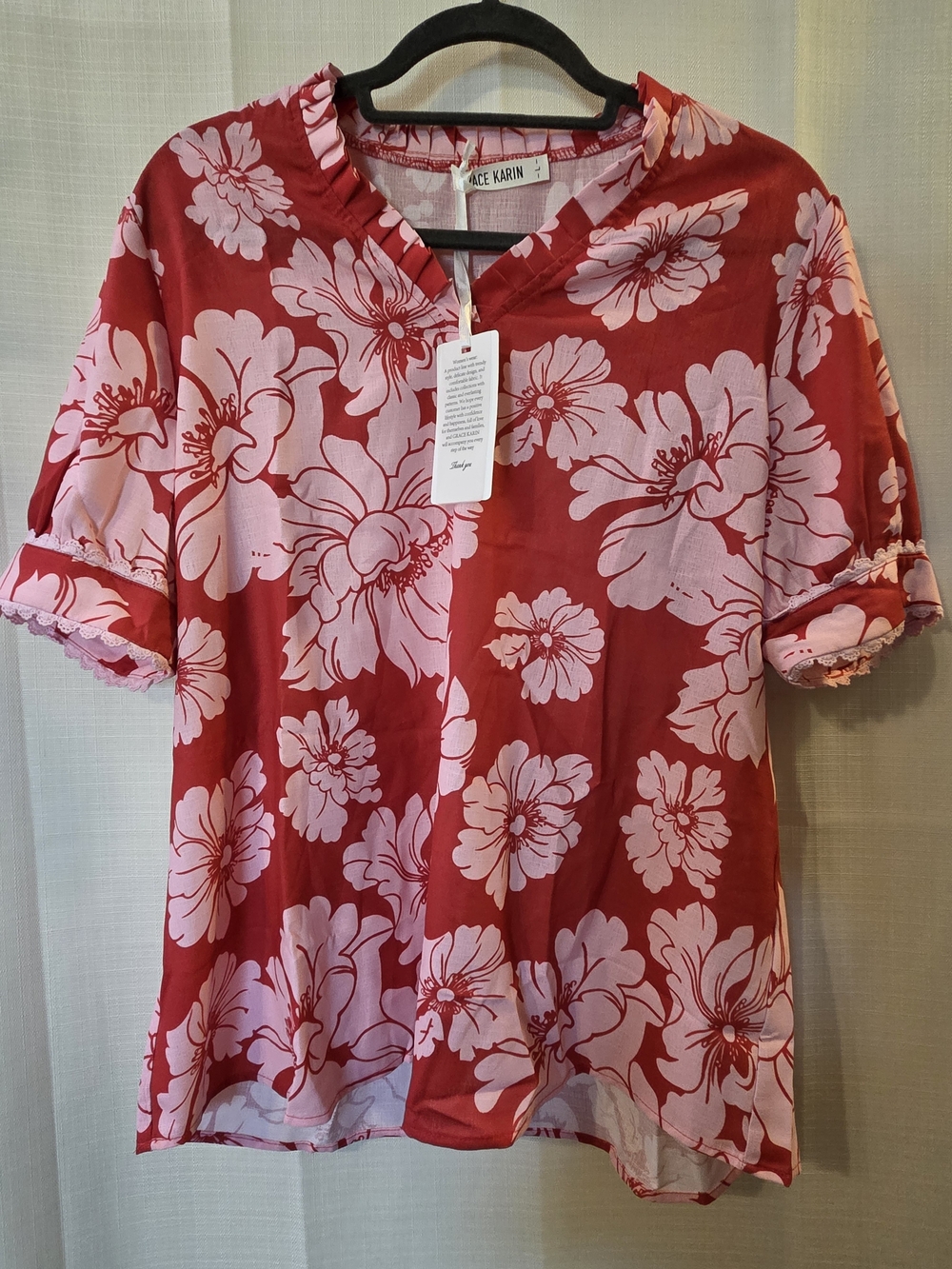 Grace Karin Red Blouse with Pink Floral Print